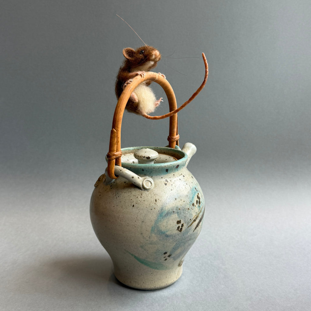 Needle Felted Mouse ‘Brooke’ on a Ceramic Teapot