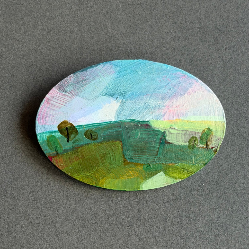 Hand-Painted Landscape Brooch - Oval