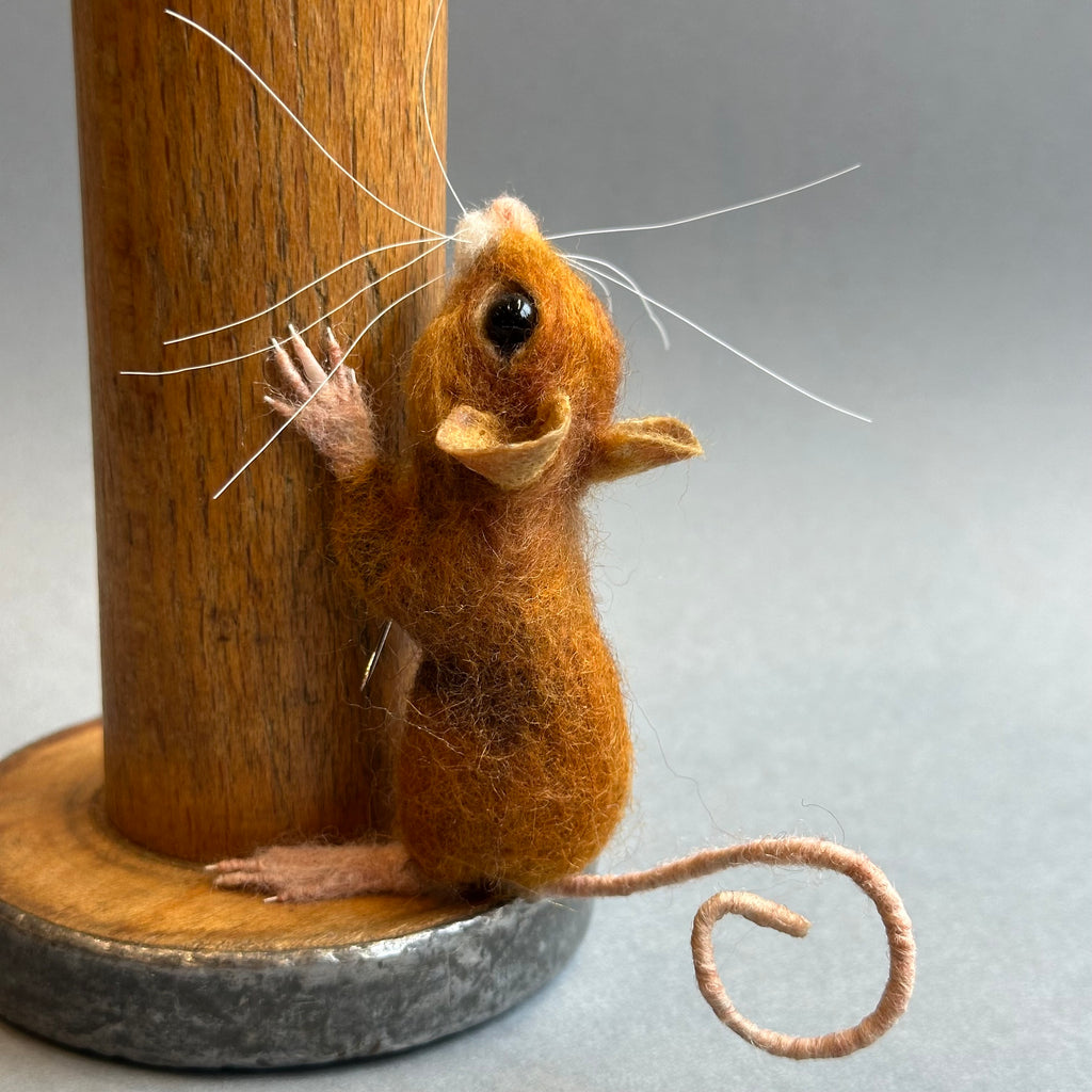 Needle Felted Mouse ‘Ginger’ Brown Mouse on a Bobbin with Green Pincushion