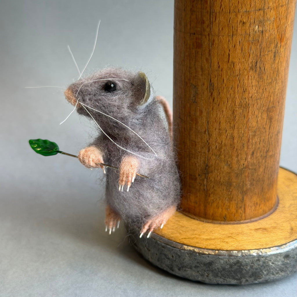 Needle Felted ‘Grace’ Grey Mouse on a Bobbin with Red Pincushion