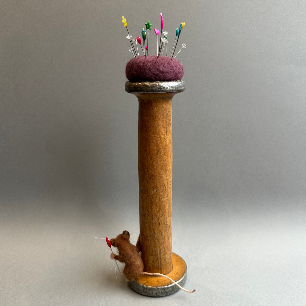 Needle Felted Mouse ‘Percy’ Brown Mouse on a Bobbin with Purple Pincushion