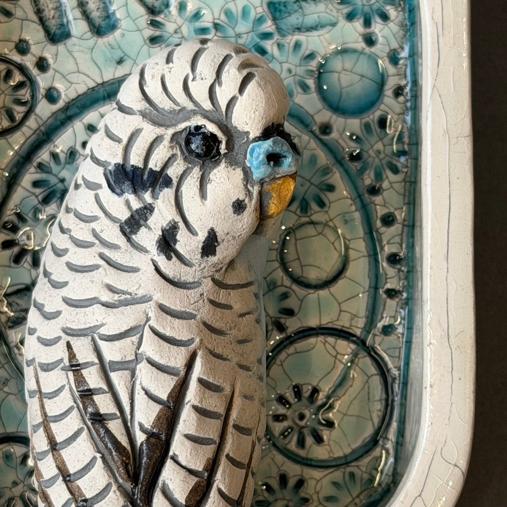 Ceramic Budgie - Pair on a Rectangular Wall Piece - Medium