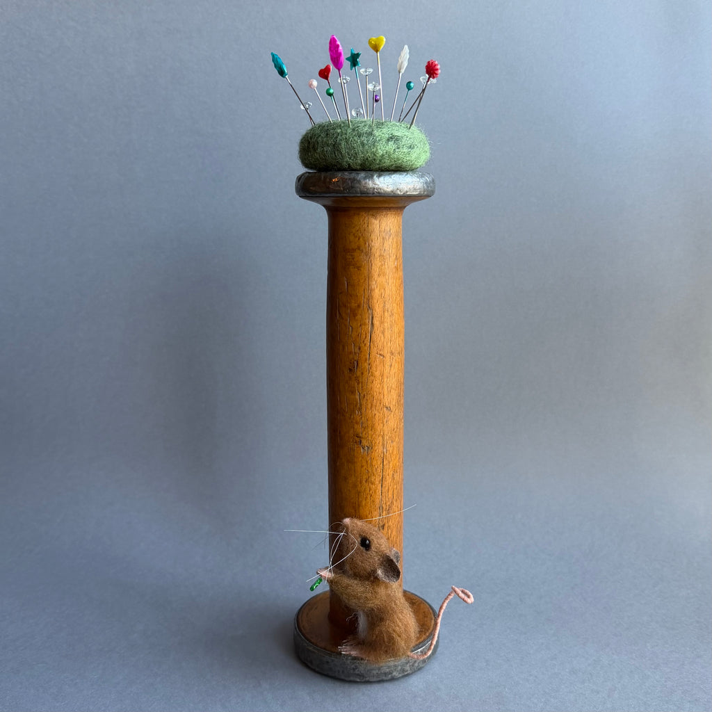 Needle Felted Mouse ‘Connie’ Mouse on a Bobbin with Moss Pincushion #154