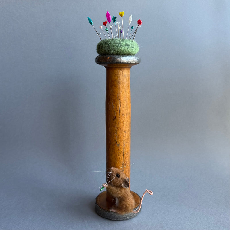 Needle Felted Mouse ‘Connie’ Mouse on a Bobbin with Moss Pincushion #154
