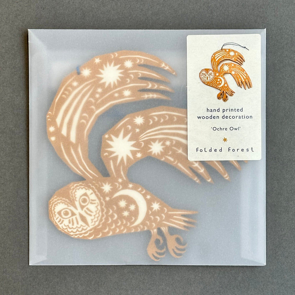 Screenprinted Wooden Decoration - Owl [Yellow Ochre]