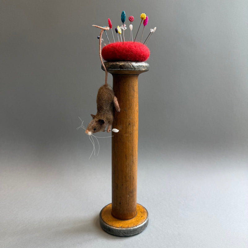 Needle Felted Mouse ‘Ruby’ Mouse on a Bobbin with Red Pincushion
