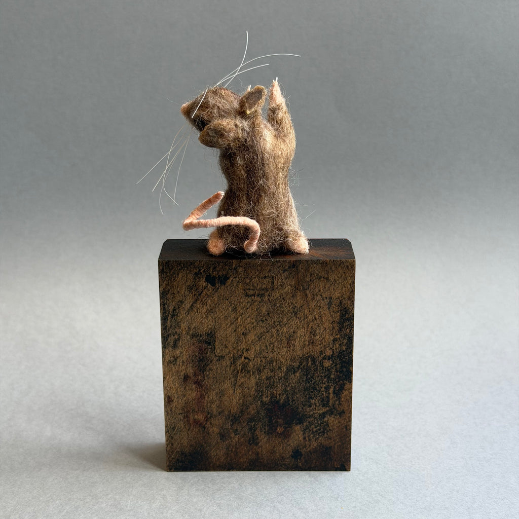 Needle Felted Mouse ‘Jerry’ on a Vintage Print Block
