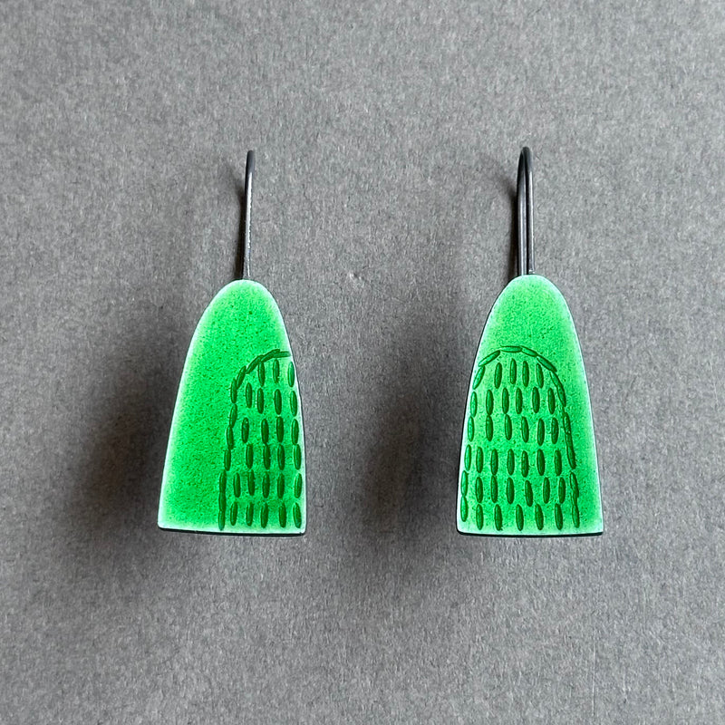 Earrings - Pointy Arch - Green Enamel