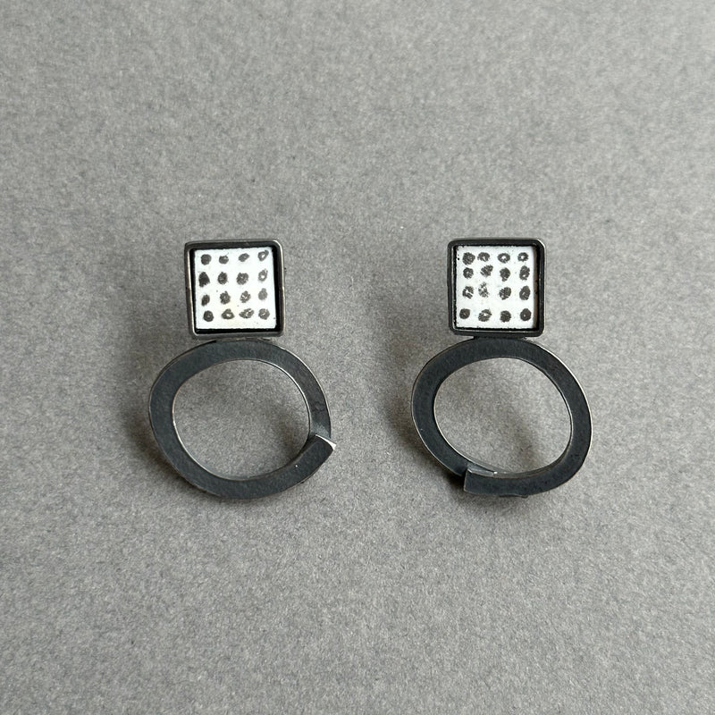 Earrings Inset Square Studs with Open Circle