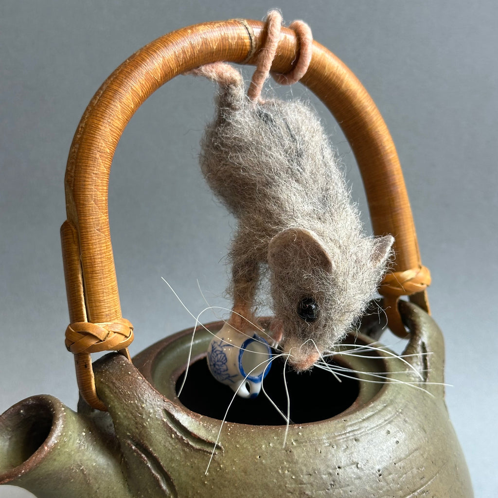 Needle Felted Mouse on a Teapot ‘Lady Grey in Search of Tea’