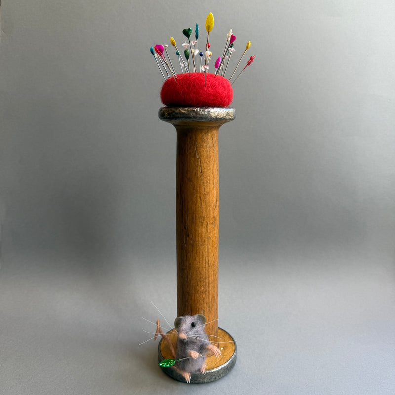 Needle Felted ‘Grace’ Grey Mouse on a Bobbin with Red Pincushion