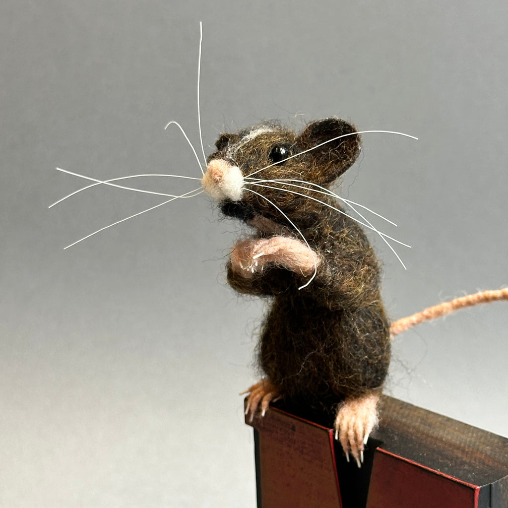 Needle Felted Mouse ‘Coco’ on a Vintage Print Block