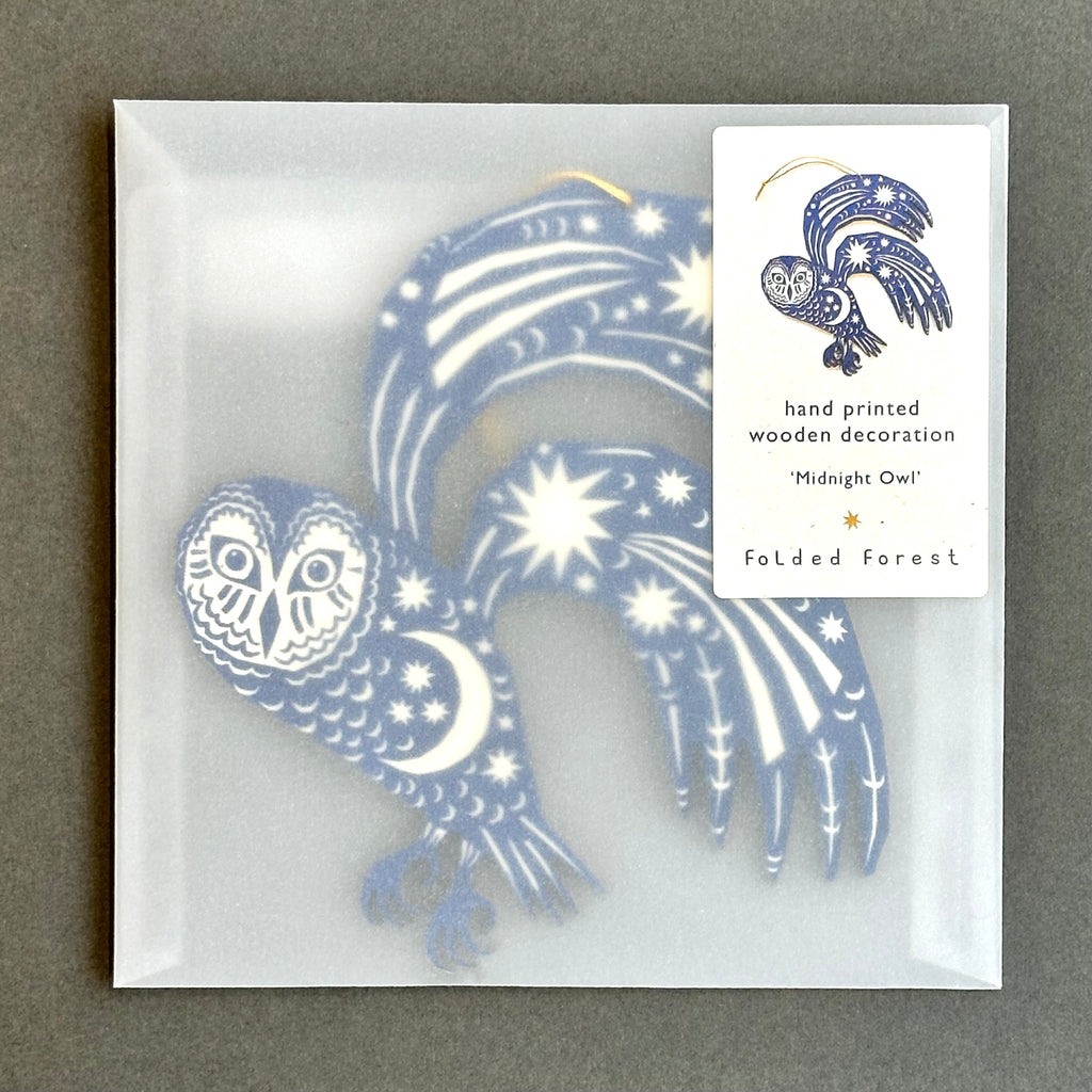 Screenprinted Wooden Decoration - Owl [Midnight Blue]