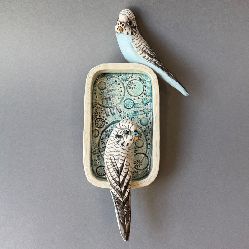 Ceramic Budgie - Pair on a Rectangular Wall Piece - Medium