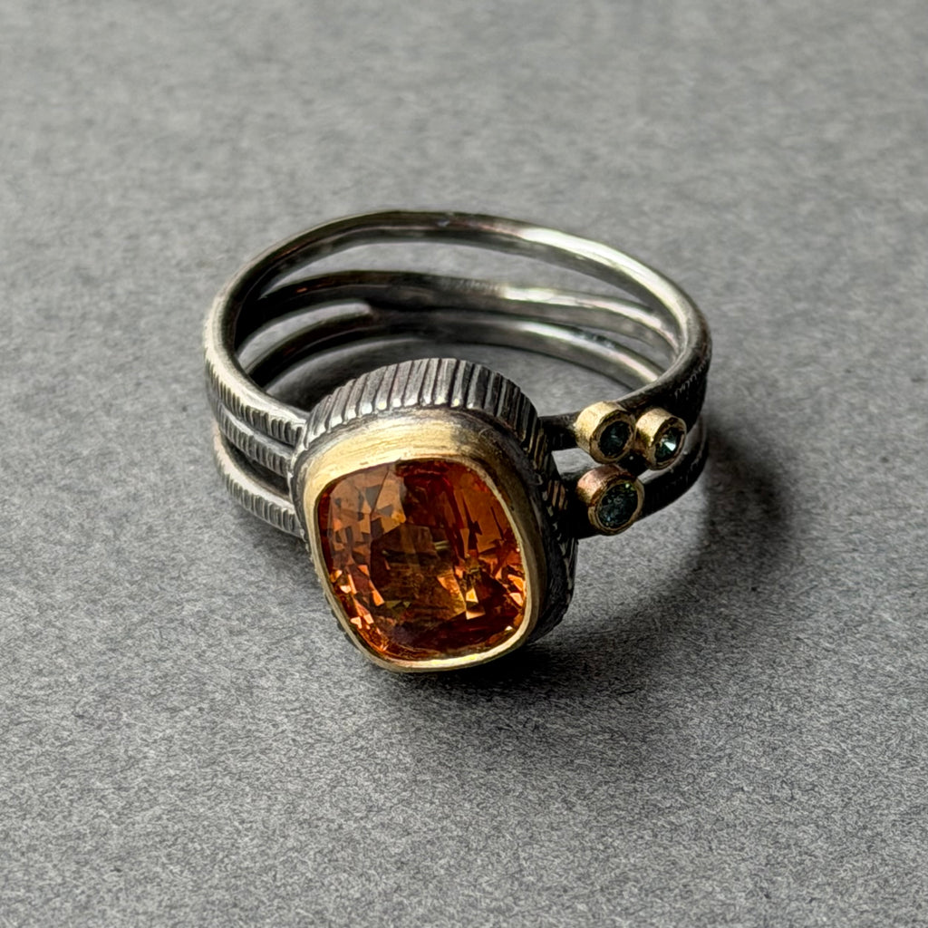 Ring - Triple Band - Oxidised Siver, Gold 14ct Sapphire, Teal diamonds