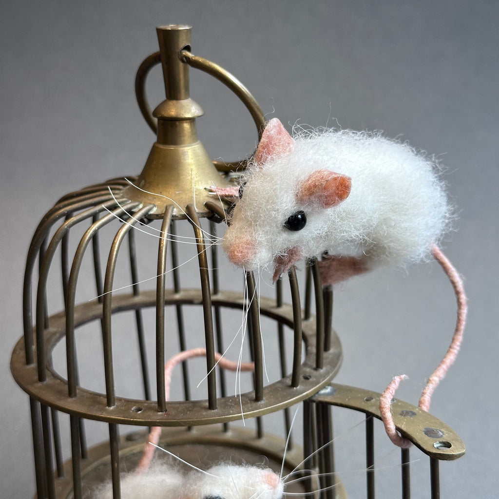 Needle Felted Sculpture ‘Theodorus & Benji’ on a Vintage Birdcage