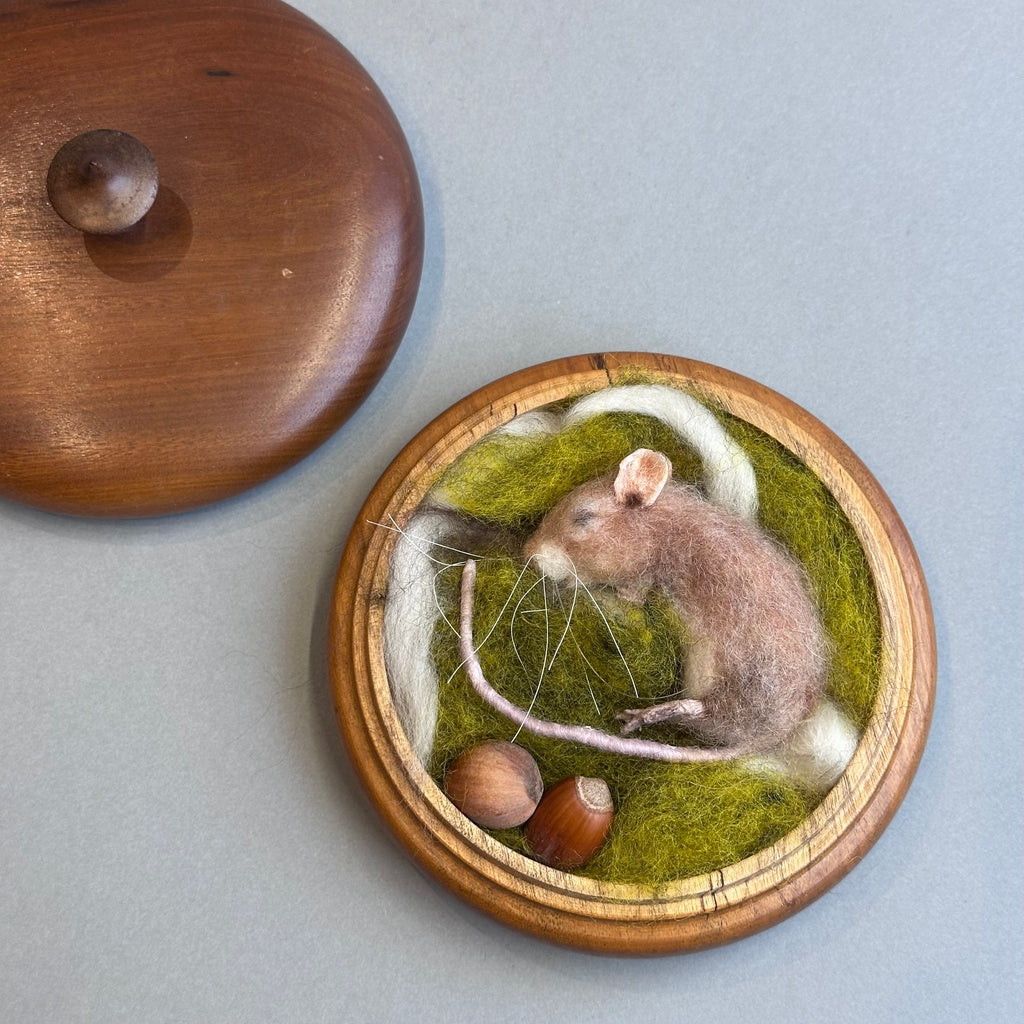 Needle Felted Mouse ‘Bubbles Asleep in a Wooden Pot’