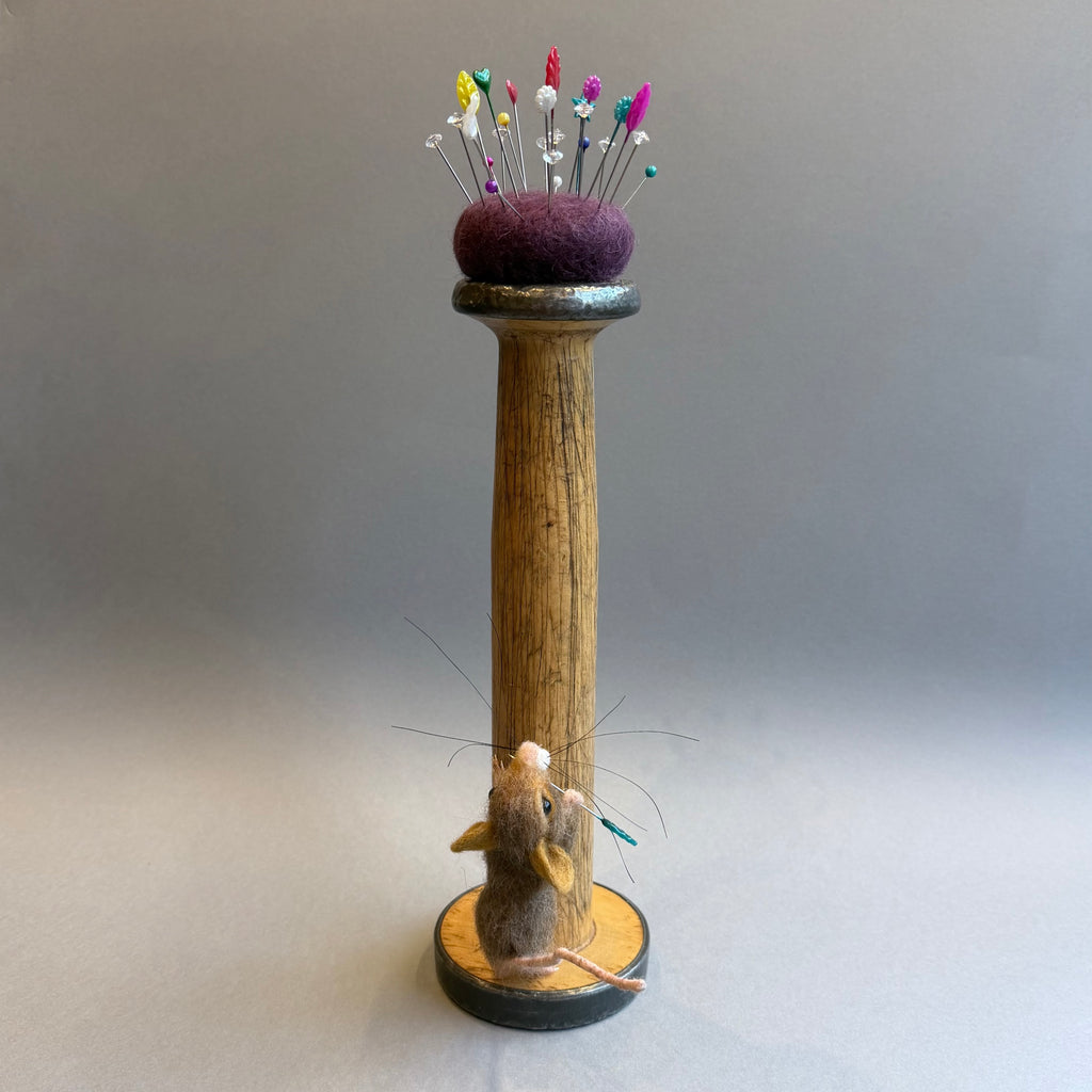 Needle Felted ‘Bridget’ Mouse on a Bobbin with Purple Pincushion