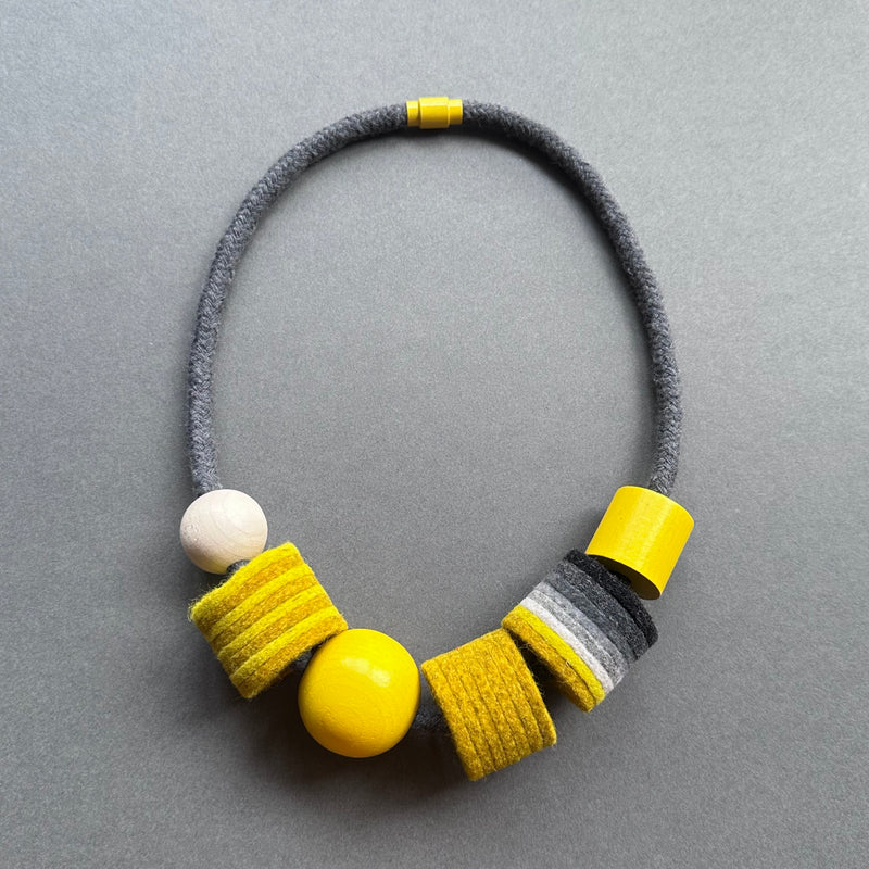 Industrial Felt, Wood & Rope Necklace 'Mustard & Grey'