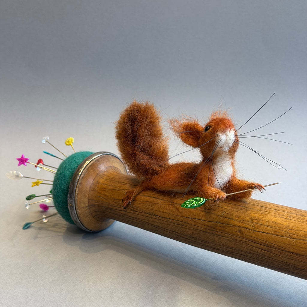 Needle Felted ‘Buster’ Squirrel on a Bobbin with Teal Pincushion