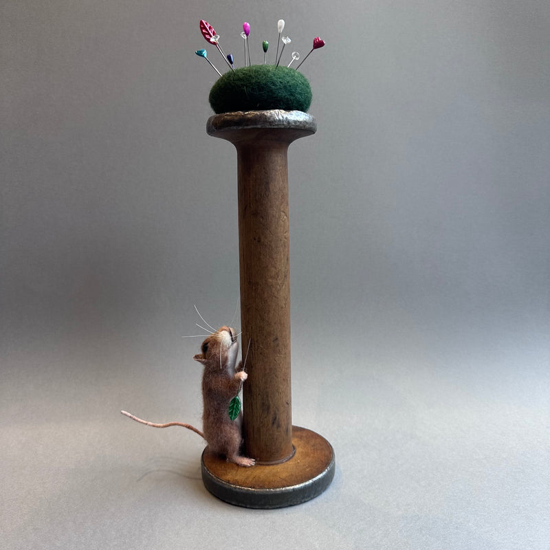 Needle Felted Mouse ‘Monty with Vintage Bobbin & Moss Pincushion’