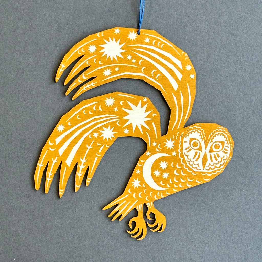 Screenprinted Wooden Decoration - Owl [Yellow Ochre]