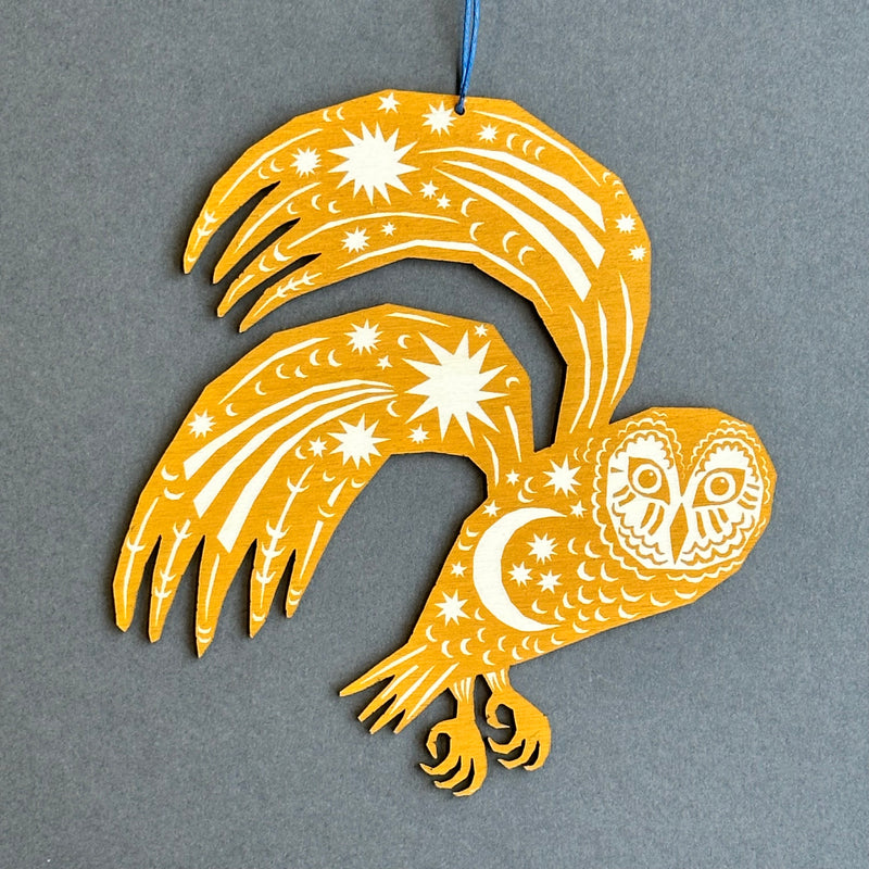 Screenprinted Wooden Decoration - Owl [Yellow Ochre]