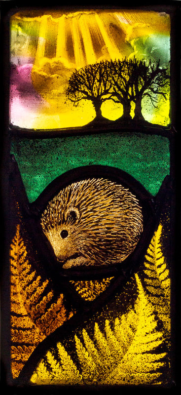 Stained Glass Lamp Panel ‘Hedgehog & Ferns’