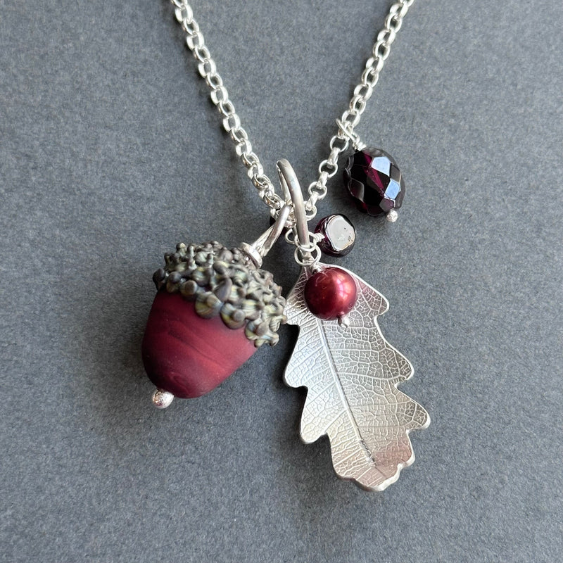 Large Silver Oak Leaf & Burgundy Glass Acorn Necklace