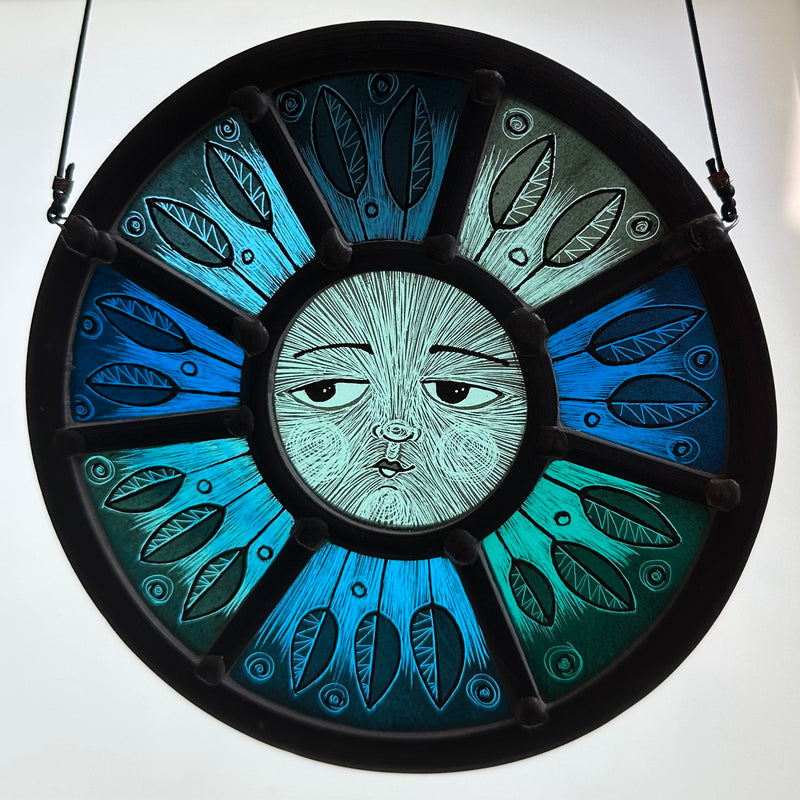 Stained Glass Round Face Panel ‘Turquoise Leaf Moon’