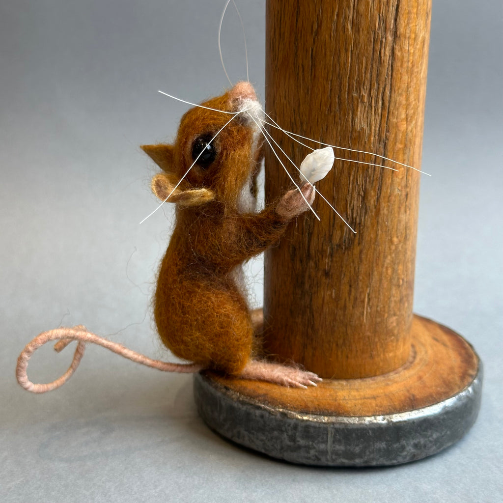 Needle Felted Mouse ‘Ginger’ Brown Mouse on a Bobbin with Green Pincushion
