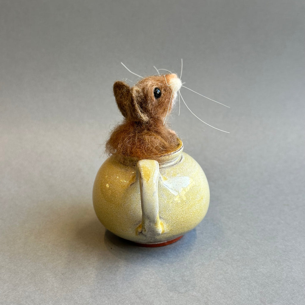 Needle Felted Mouse ‘Stuck’ in a Vintage Teapot