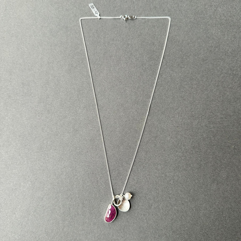 Leaf Charm Cluster Necklace with Pink Sapphire