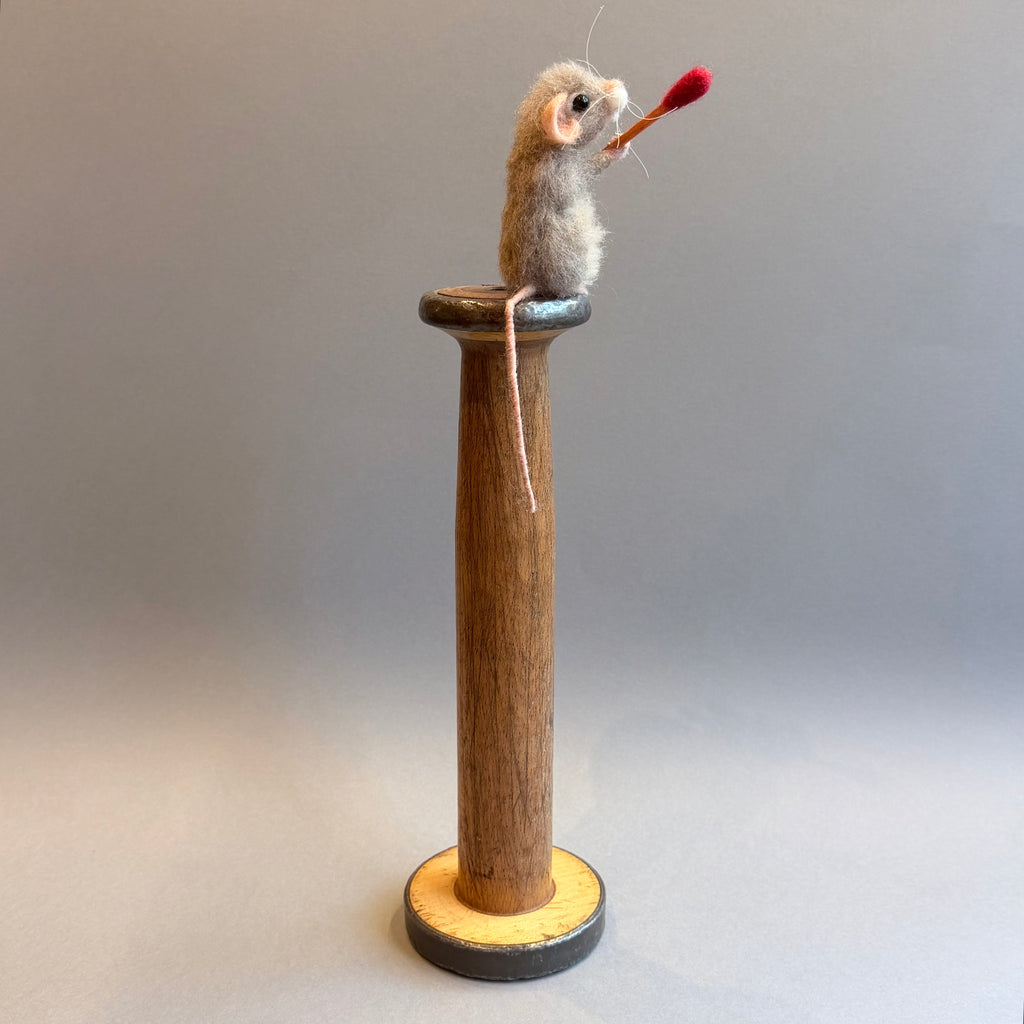 Needle Felted Mouse ‘Godfrey’ Brown Mouse on a Bobbin with a Matchstick