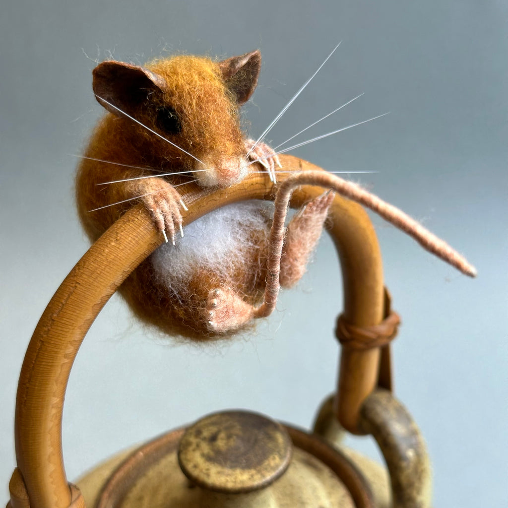 Needle Felted Mouse ‘Chestnut’ on a Vintage Teapot