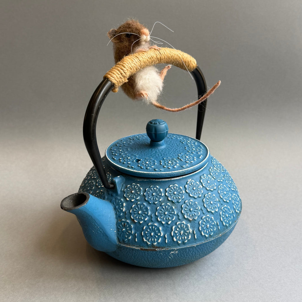 Needle Felted Mouse ‘Geraldine’ on a Blue Teapot