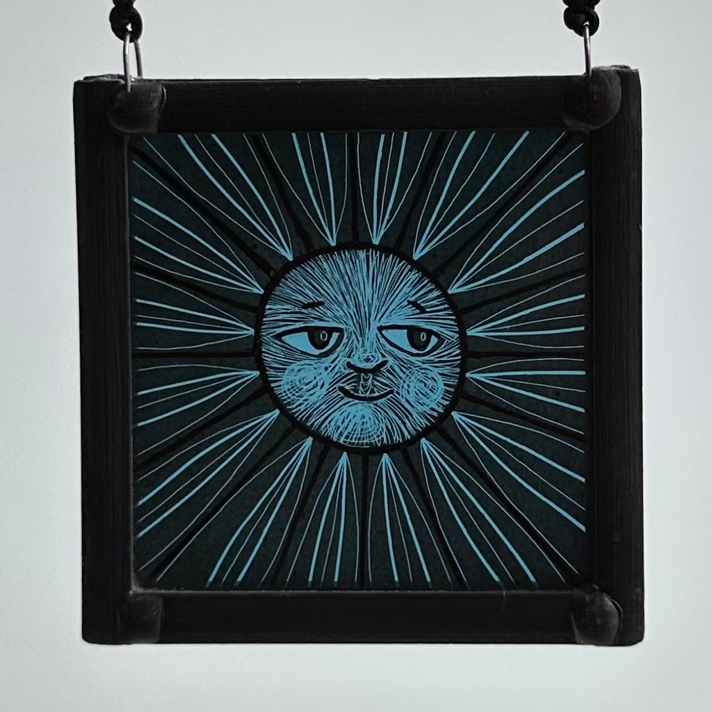 Stained Glass Small Square Panel ‘Sun, Moon Rays’ (Blue) #C