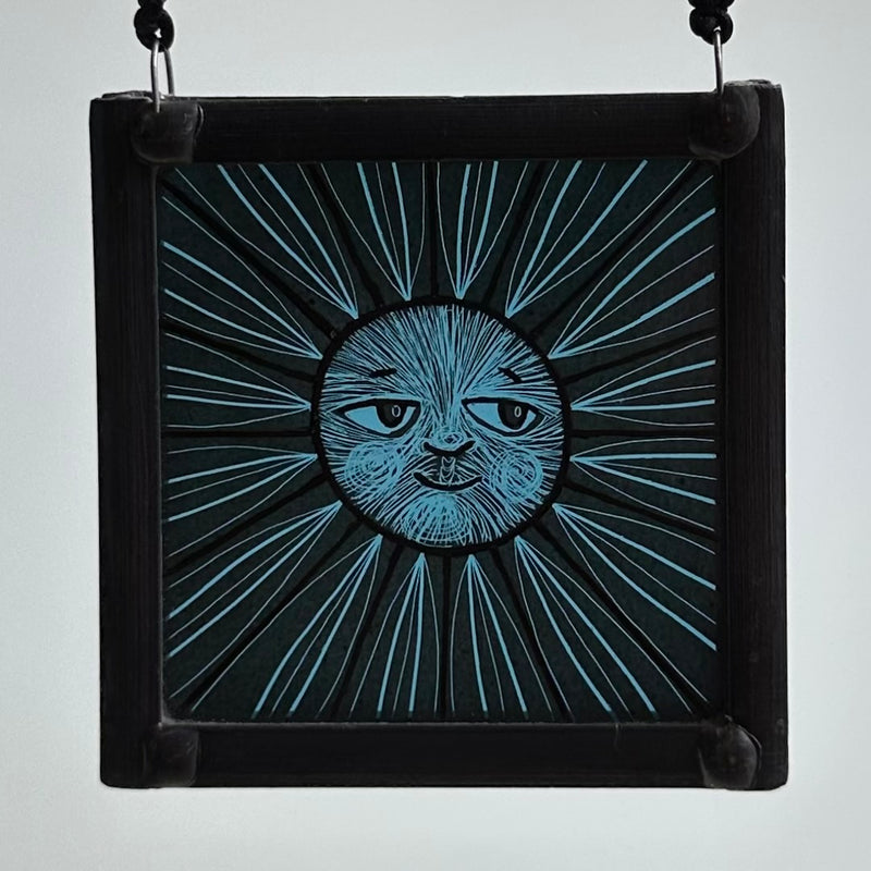 Stained Glass Small Square Panel ‘Sun, Moon Rays’ (Blue) #C
