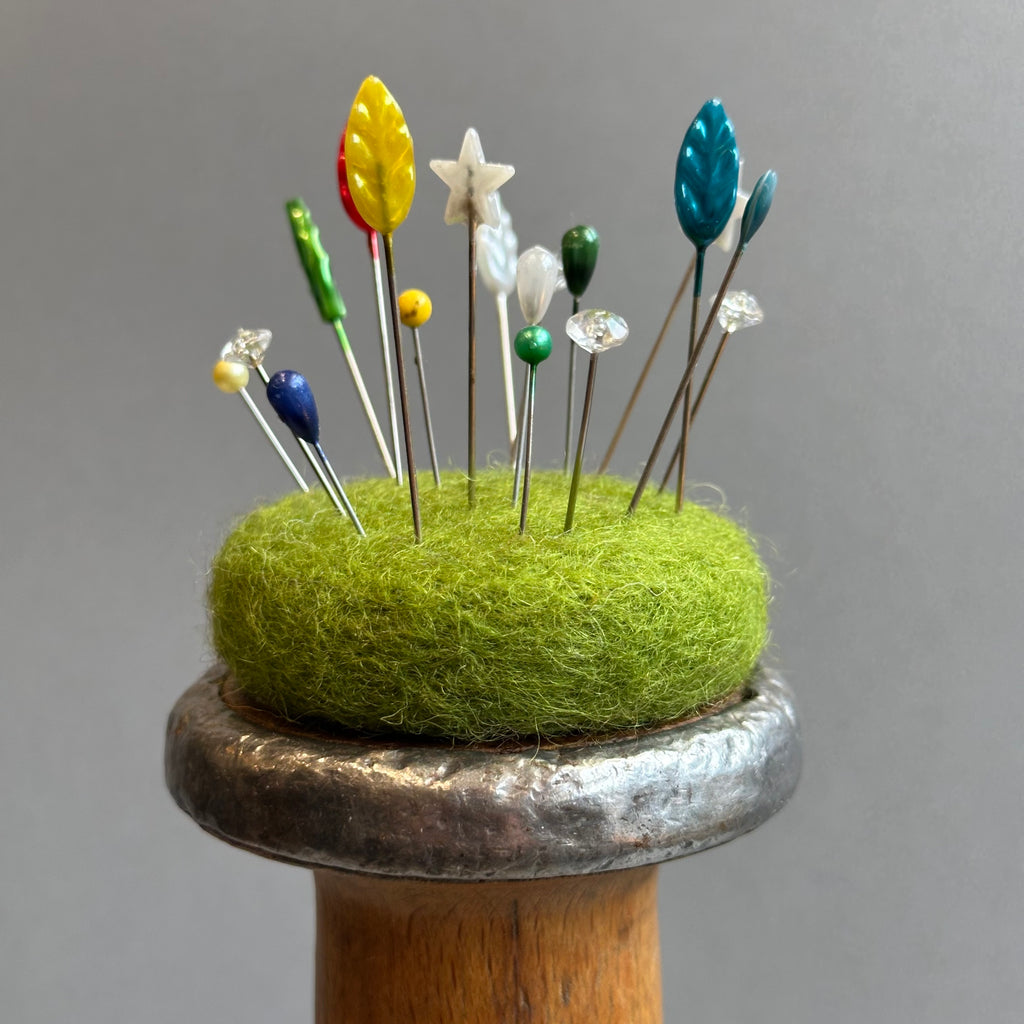 Needle Felted Mouse ‘Ginger’ Brown Mouse on a Bobbin with Green Pincushion