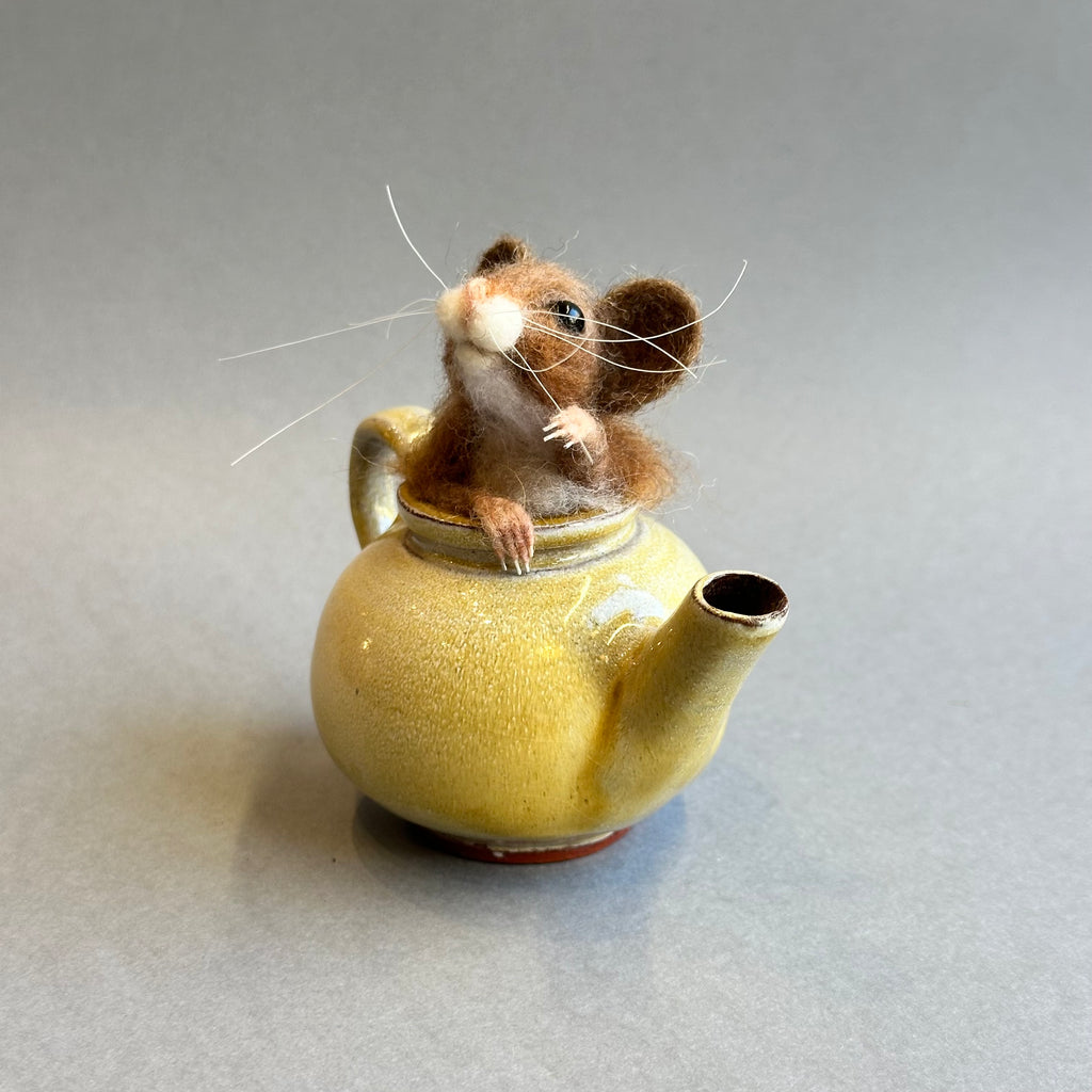 Needle Felted Mouse ‘Stuck’ in a Vintage Teapot