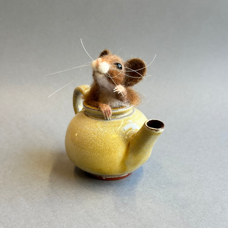 Needle Felted Mouse ‘Stuck’ in a Vintage Teapot