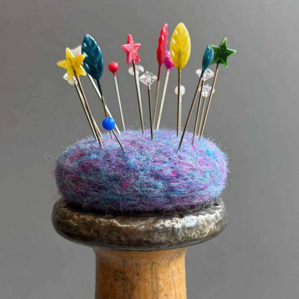 Needle Felted Mouse ‘Alice’ Mouse on a Bobbin with Lilac Pincushion