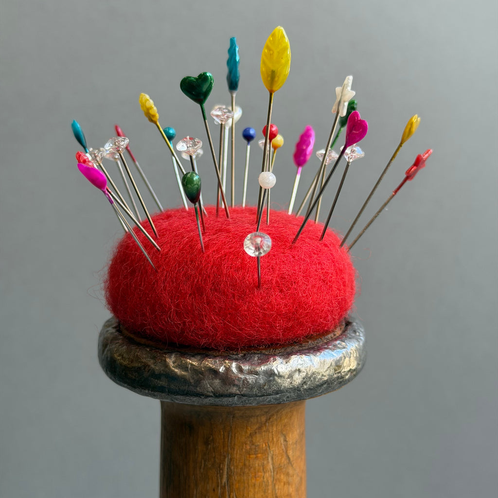 Needle Felted ‘Grace’ Grey Mouse on a Bobbin with Red Pincushion