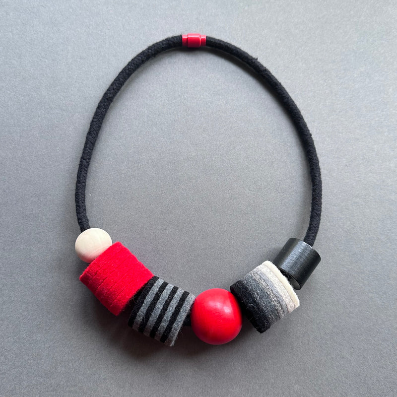 Industrial Felt, Wood & Rope Necklace 'Red & Greys'