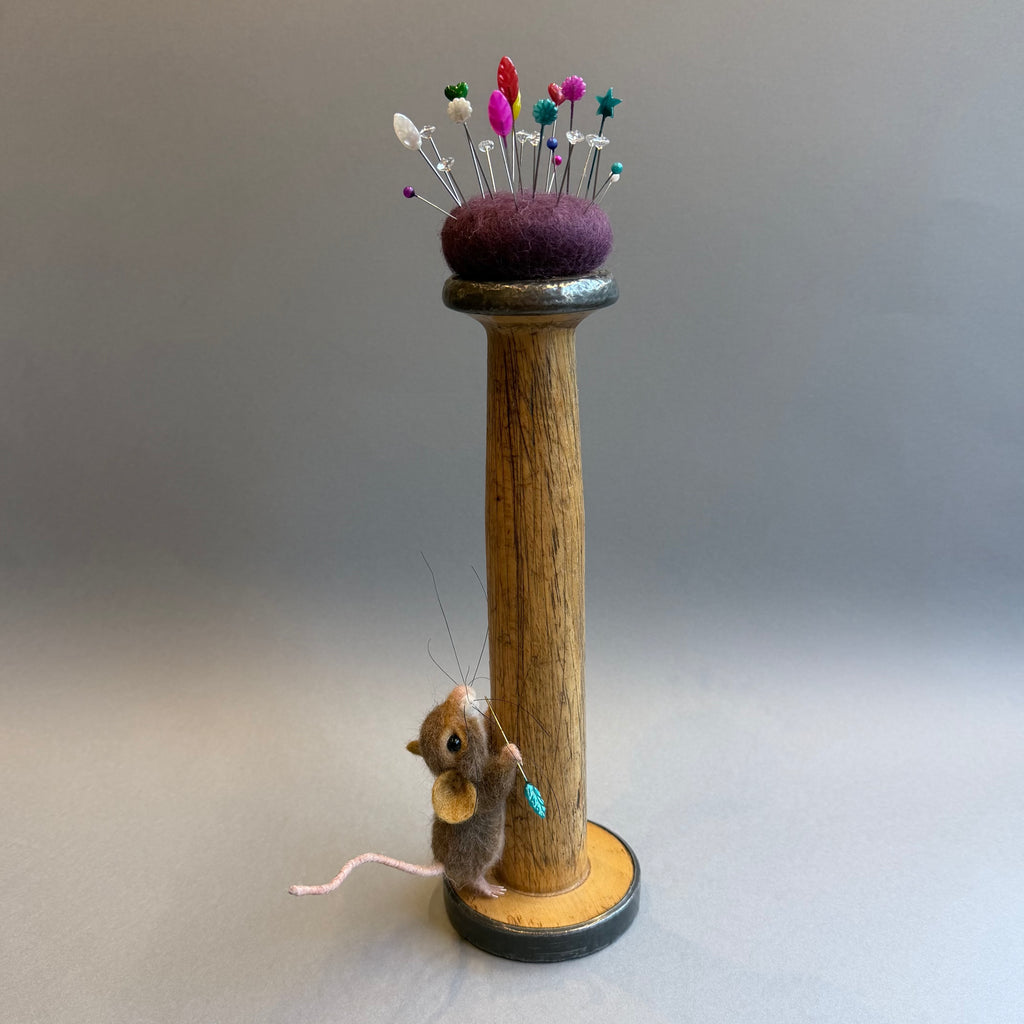 Needle Felted ‘Bridget’ Mouse on a Bobbin with Purple Pincushion