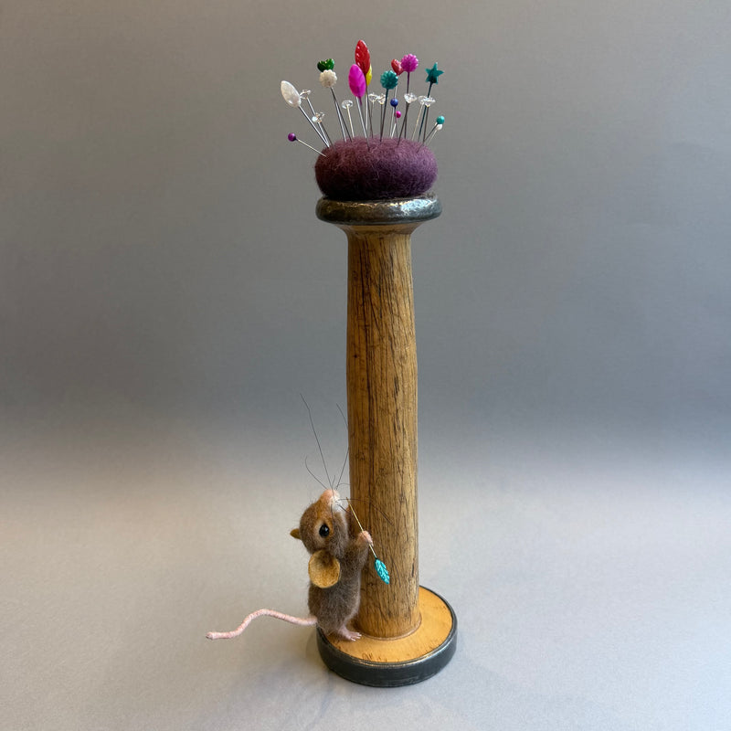 Needle Felted ‘Bridget’ Mouse on a Bobbin with Purple Pincushion