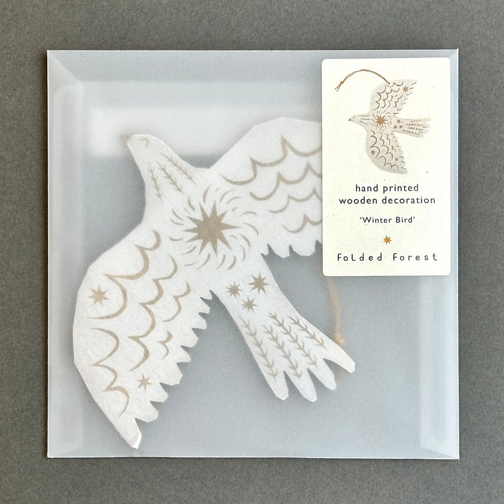 Screenprinted Wooden Decoration - Winter Bird [White]