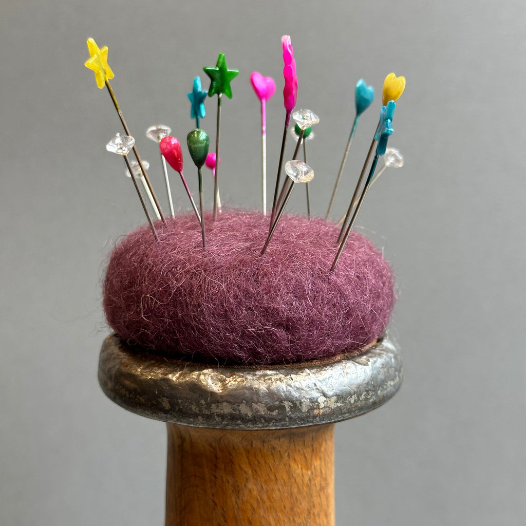 Needle Felted Mouse ‘Percy’ Brown Mouse on a Bobbin with Purple Pincushion