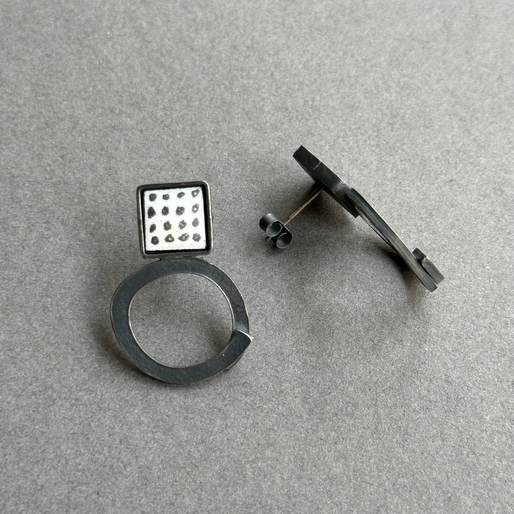 Earrings Inset Square Studs with Open Circle