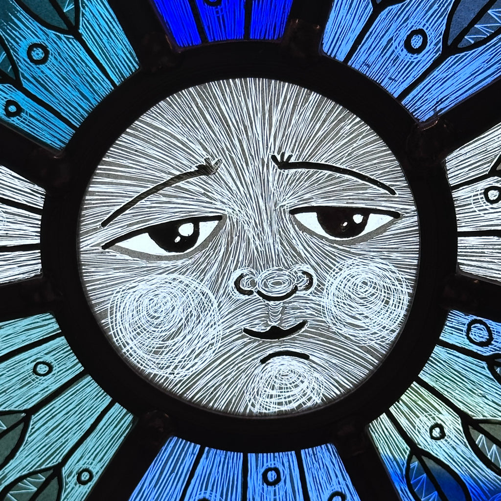 Stained Glass Round Face Panel ‘Blue Leaf Sgraffito’